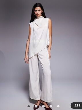 ASOS Ivory drape/scarf top and Wide-Leg Satin Trousers set